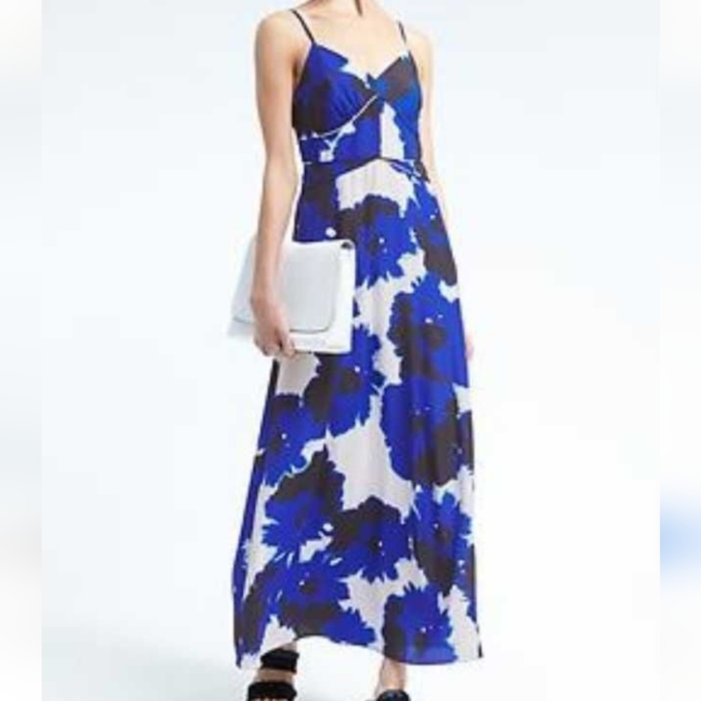 Banana Republic Blue Floral White Adjustable Straps Maxi Dress